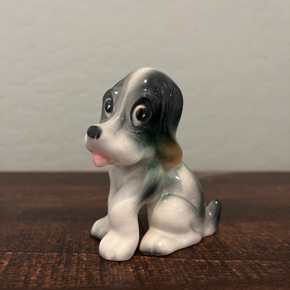 Ceramic Puppy Figurine - Black-Blue and White Dog Statue